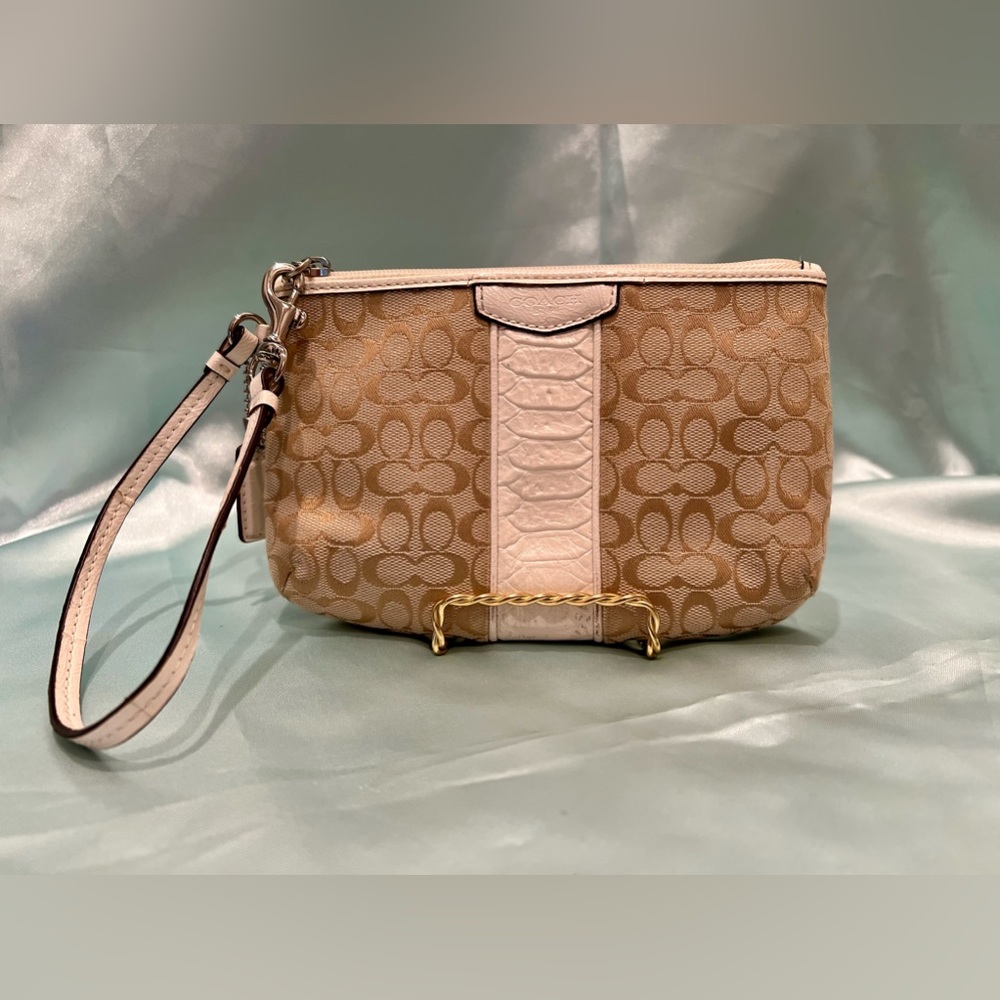 COACH - Signature Khaki Canvas &  Off white Leather Wristlet/Wallet.